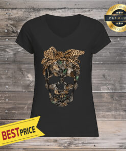 Deer Hunting Camouflage Skull With Leopard Bandana Shirt By V-neck