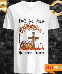 Halloween Pumpkin Fall For Jesus He Never Leaves V-neck