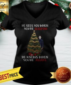 Michael Myers He Sees You When You're Sleeping He Knows When You're Awake Christmas V-neck