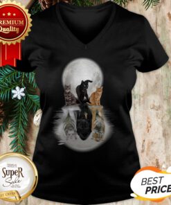 Cats And Moon Water Mirror Reflection Tiger Black Panther V-neck