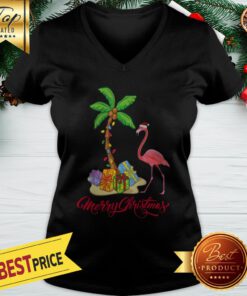 Flamingo Merry Christmas Palm Tree Gifts V-neck