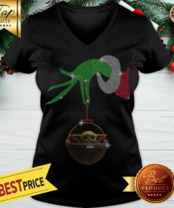 Grinch Hand Holding Baby Yoda Christmas V-neck
