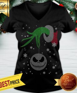 Grinch Hand Holding Jack Skellington Christmas V-neck