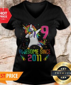 Awesome Since 2011 9 Years Old 9th Birthday Unicorn Dabbing V-neck