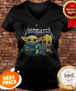 Metallica Baby Yoda And Baby Groot Play Guitar Drummer V-neck