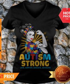 Teacher Autism Strong Love Support Educate Advocate V-neck