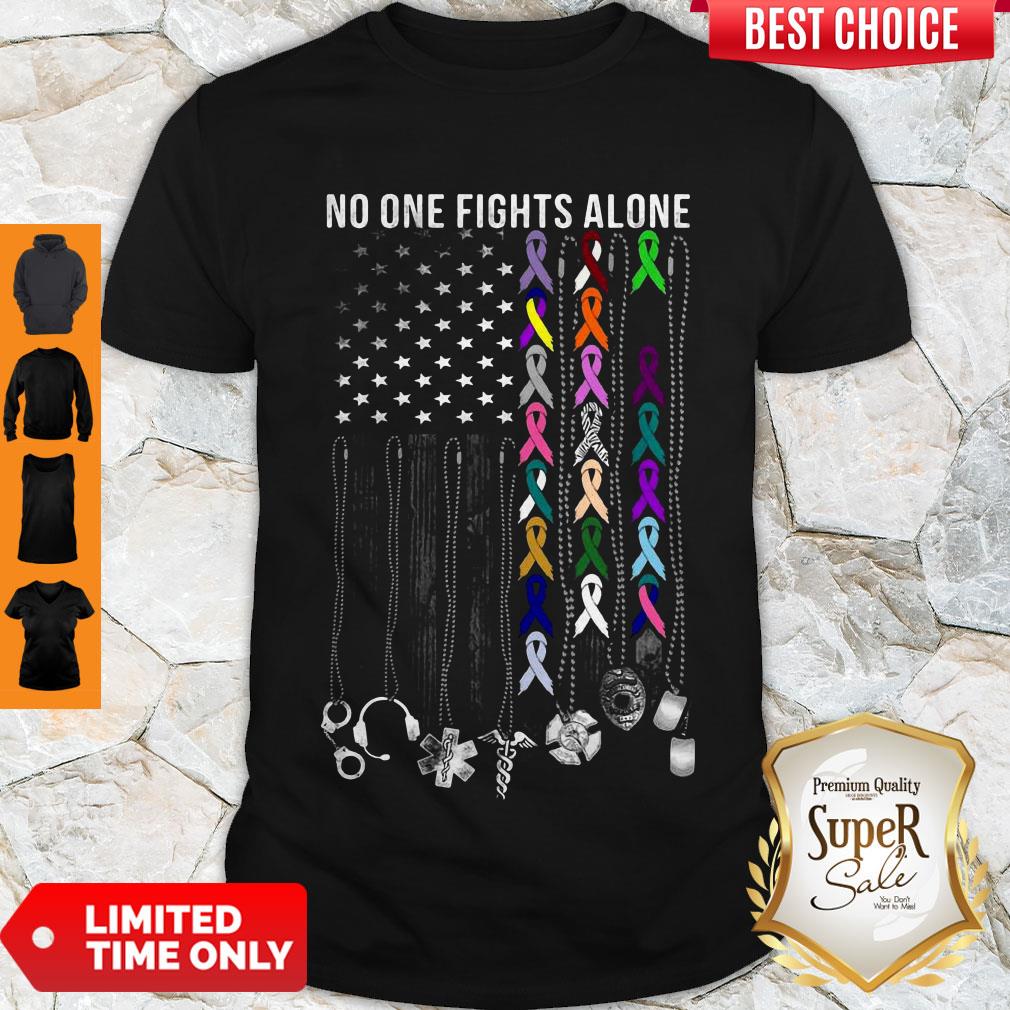 Top American No One Fights Alone Breast Cancer Awareness Shirt
