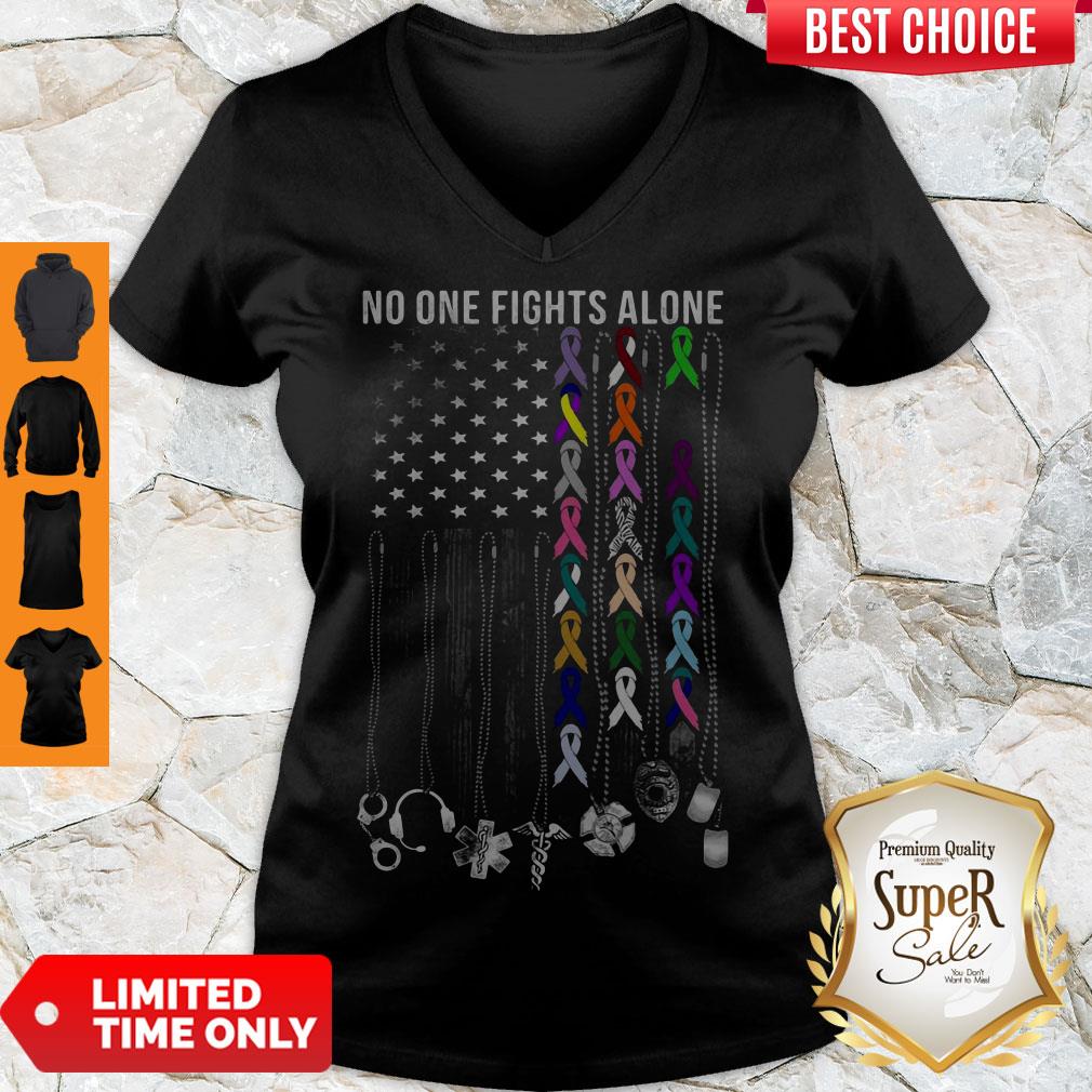 Top American No One Fights Alone Breast Cancer Awareness V-neck Top American No One Fights Alone Breast Cancer Awareness V-neck