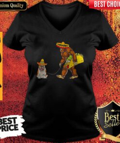 Bigfoot Sasquatch Walking Pitbull Dog V-neck