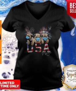 Pugs Wear Mask Usa Flag Firework Independence Day V-neck