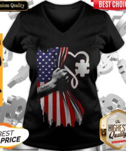 Autism Awareness Heart American Flag Veteran Independence Day V-neck