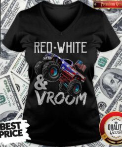 Premium Red White Vroom Monster Truck American Flag July 4Th V-neck
