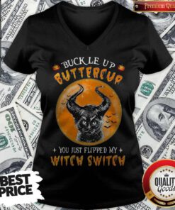 Awesome Cat Buckle Up Buttercup You Just Flipped My Witch Switch Moon V-neck