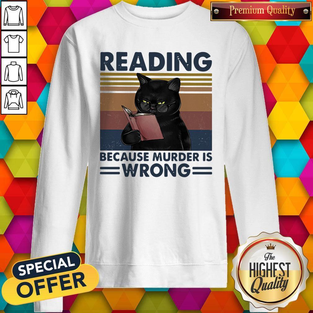 Black Cat Read Books Reading Because Murder Is Wrong Vintage Retro Shirt - Image 4