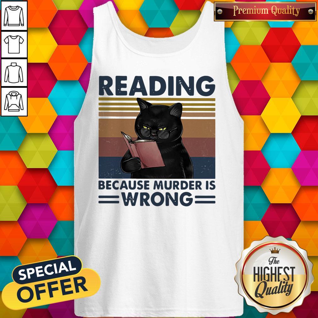 Black Cat Read Books Reading Because Murder Is Wrong Vintage Retro Shirt - Image 3