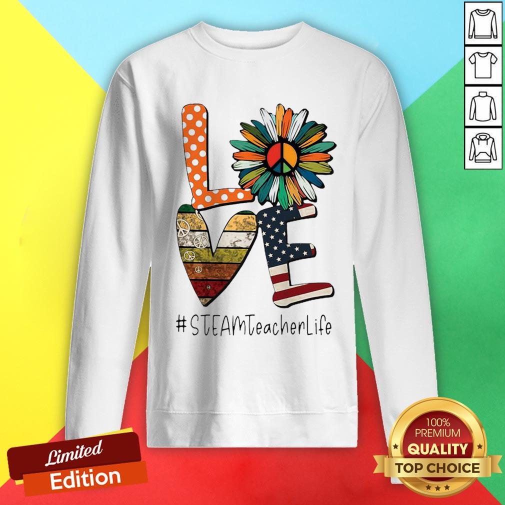 Love Steamteacherlife Peace Sunflower American Flag Shirt - Image 4