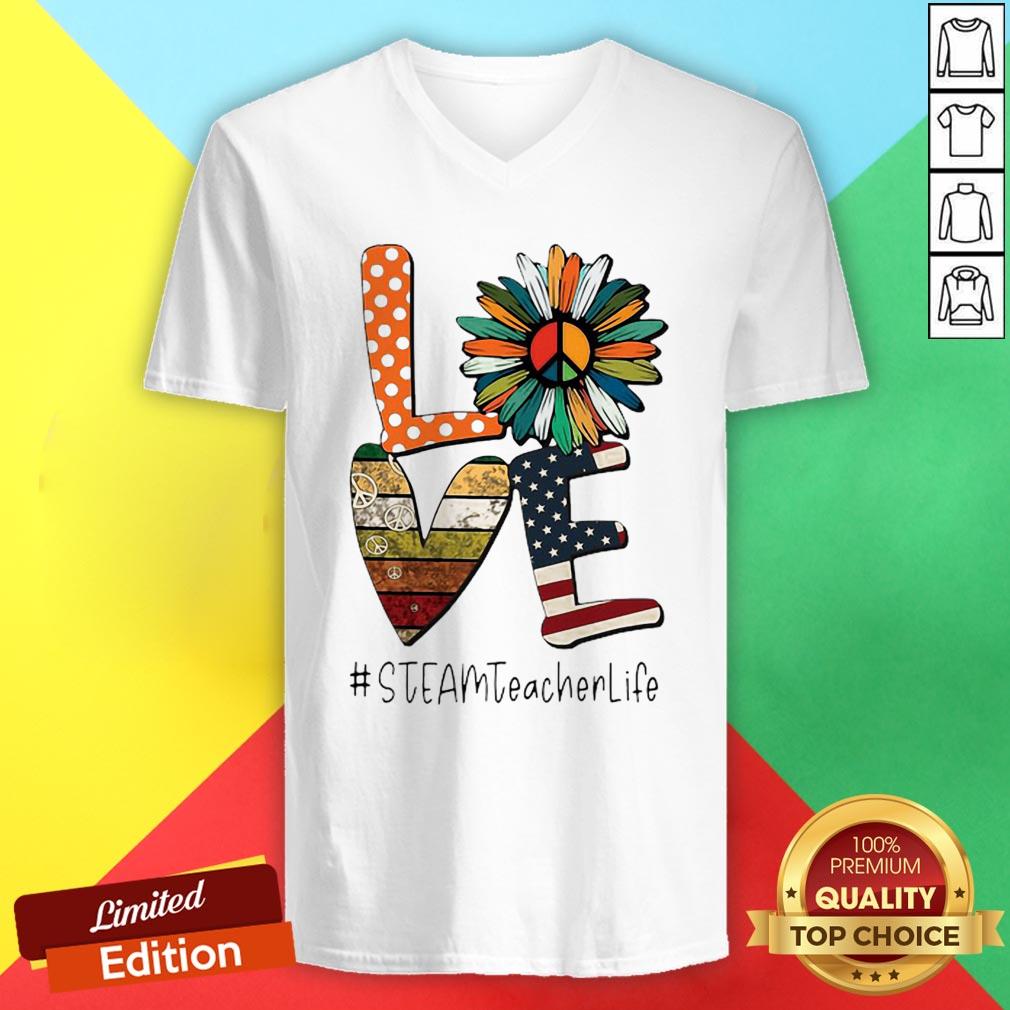 Love Steamteacherlife Peace Sunflower American Flag Shirt - Image 2