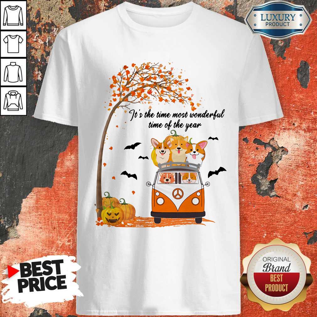 Premium It's The Time Most Wonderful Time Of The Year Peace Bus Corgi Pumpkin Halloween Shirt