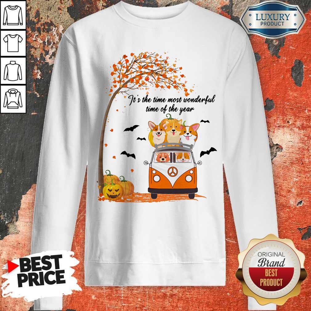 Premium It's The Time Most Wonderful Time Of The Year Peace Bus Corgi Pumpkin Halloween Shirt - Image 4