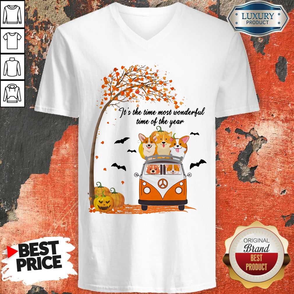 Premium It's The Time Most Wonderful Time Of The Year Peace Bus Corgi Pumpkin Halloween Shirt - Image 2