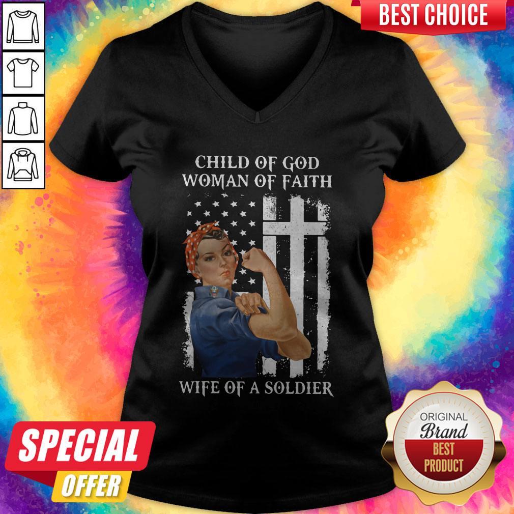 Top Child Of God Woman Of Faith Wife Of An Soldier Strong Woman Flag Shirt - Image 2
