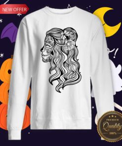 Black And White Beautiful Woman Skull With Smooth Hair Día De Los Muertos Sweatshirt