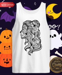 Black And White Beautiful Woman Skull With Smooth Hair Día De Los Muertos Tank Top