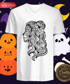 Black And White Beautiful Woman Skull With Smooth Hair Día De Los Muertos V-neck