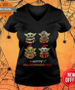Cute Baby Yoda Happy Hallothanksmas V-neck