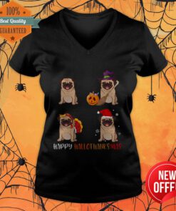 Cute Pug Happy Hallothanksmas V-neck