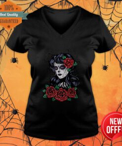 Day Of Dead Sugar Skull Girl With Red Roses V-neck