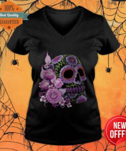 Pink Floral Black Sugar Skull Day Of The Dead V-neck