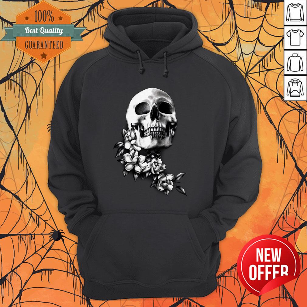 Skull And Magnolia Flowers B&W Day Of The Dead Hoodie