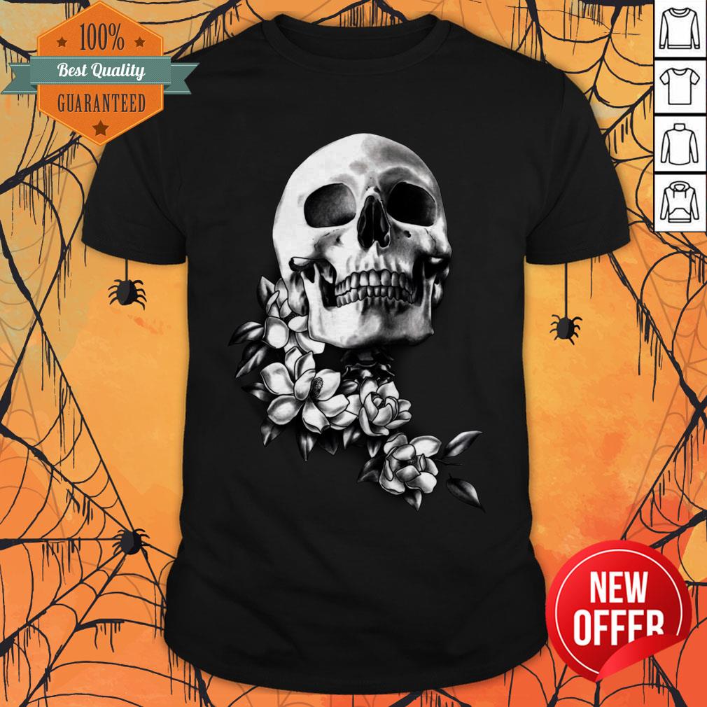 Skull And Magnolia Flowers B&W Day Of The Dead Shirt
