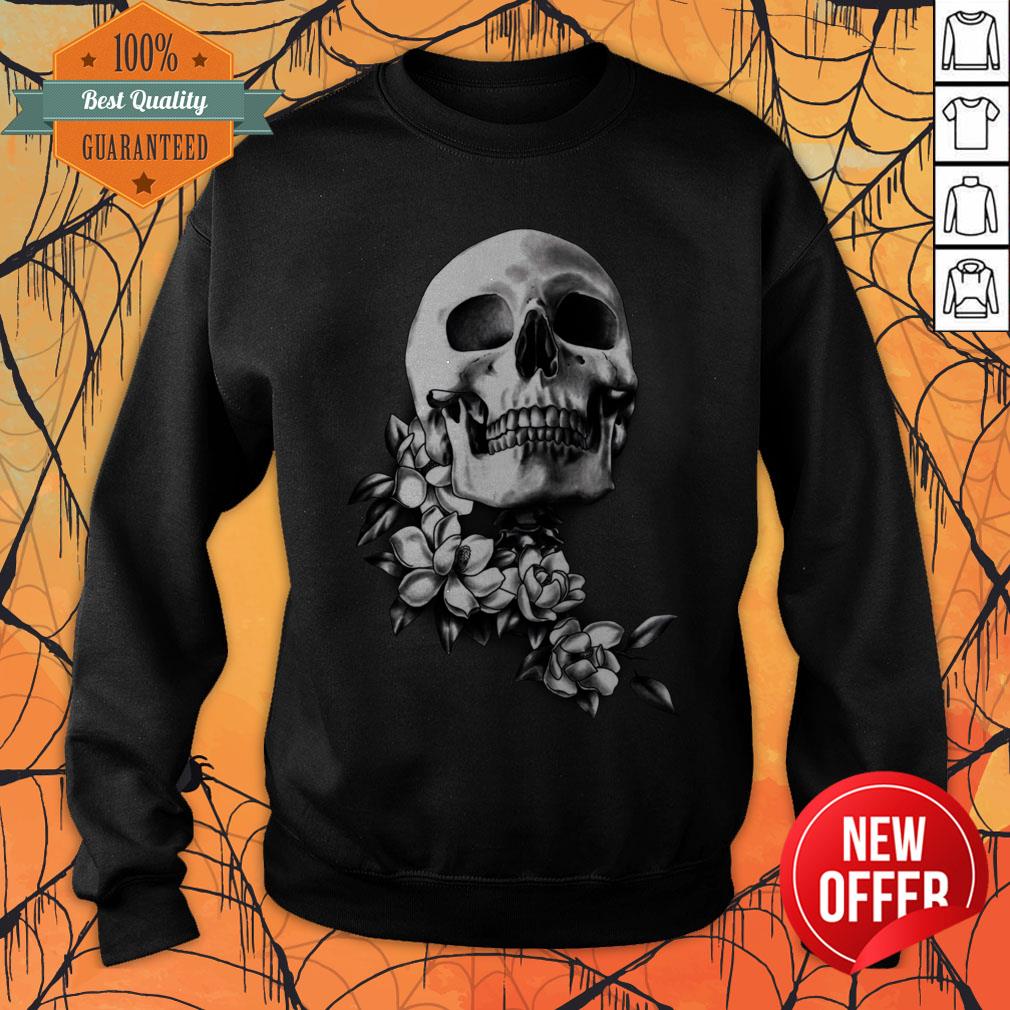 Skull And Magnolia Flowers B&W Day Of The Dead Sweatshirt