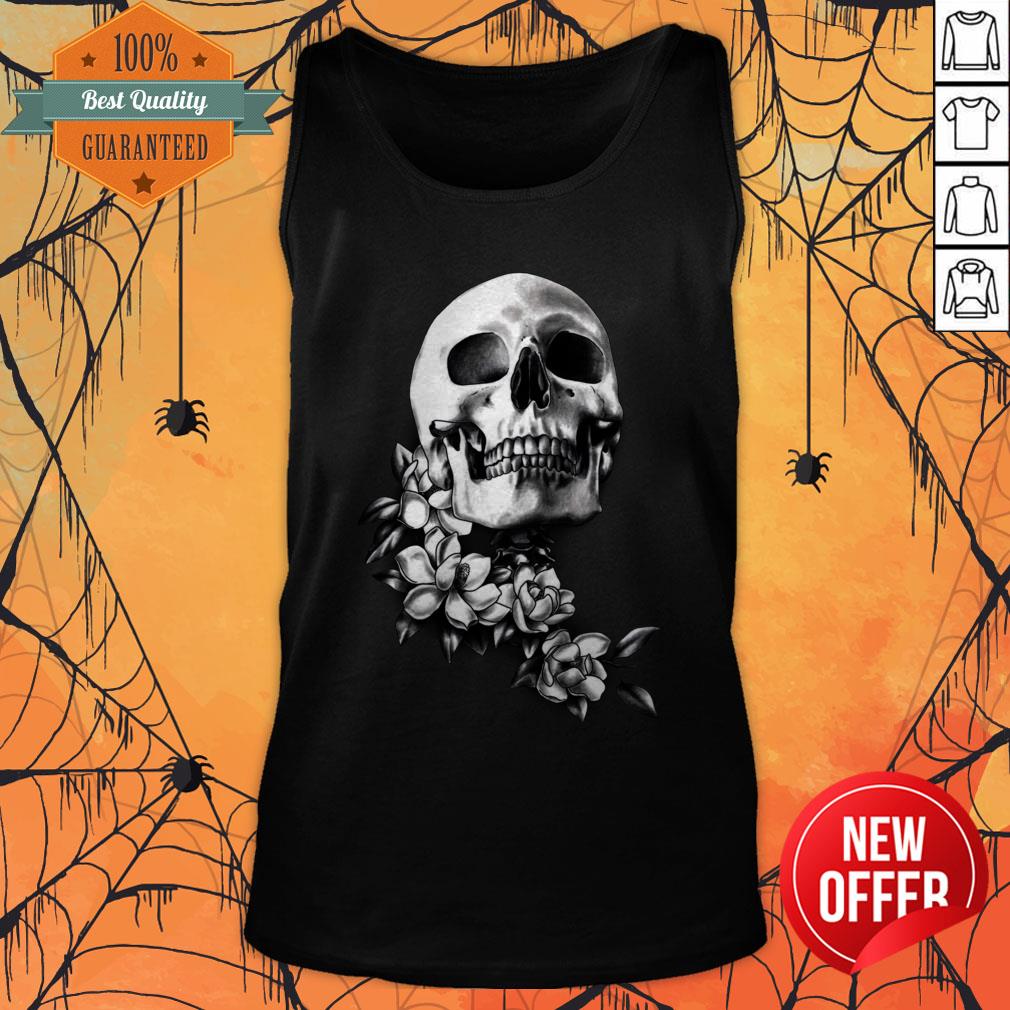 Skull And Magnolia Flowers B&W Day Of The Dead Tank Top