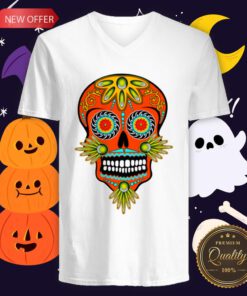 Sugar Skull Orange Dia De Los Muertos Day Of The Dead V-neck