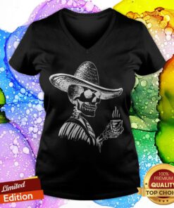 Halloween Coffee Drinking Skeleton Skull V-neck
