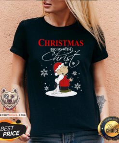 Official Snoopy And Charlie Brown Christmas Begins With Christ V-neck - Design By Teeshirtbear.com