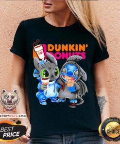 Official Stitch And Toothless Hug Dunkin Donuts V-neck - Design By Teeshirtbear.com