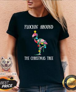 Premium Flamingo Flocking Around The Christmas Tree V-neck - Design By Teeshirtbear.com