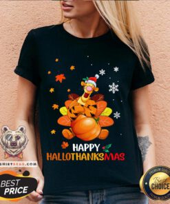 Pretty Tigger Happy Hallothanksmas V-neck - Design By Teeshirtbear.com