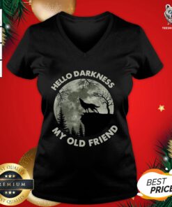 Funny Wolf In The Moon Hello Darkness My Old Friend V-neck - Design By Teeshirtbear.com