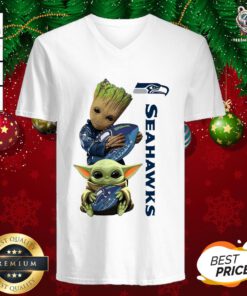 Hot Baby Groot And Baby Yoda Hug Seahawks V-neck - Design By Teeshirtbear.com