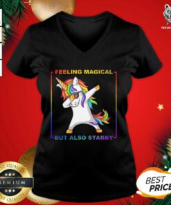 Lgbt Unicorn Dabbing Feeling Magical But Also Stabby V-neck - Design By Teeshirtbear.com