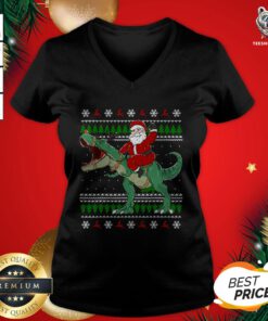 Nice Dinosaur T Rex Santa Ride Funny Ugly Christmas V-neck- Design by T-shirtBear.com