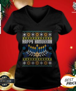 Nice Happy Hanukkah Jew Menorah Jewish Ugly Christmas V-neck- Design by T-shirtBear.com
