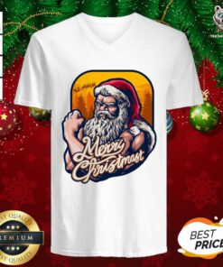 Nice Xmas Strong Cool Santa Claus Merry Christmas With Background Tree V-neck - Design By Teeshirtbear.com
