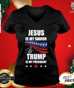 Official Jesus Is My Savior Trump Is My President V-neck - Design By Teeshirtbear.com