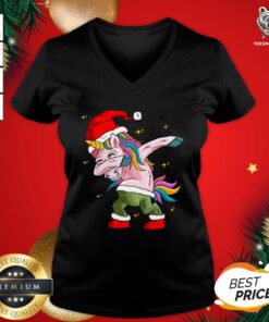 Pretty Santa Unicorn Dabbing Merry Christmas V-neck - Design By Teeshirtbear.com